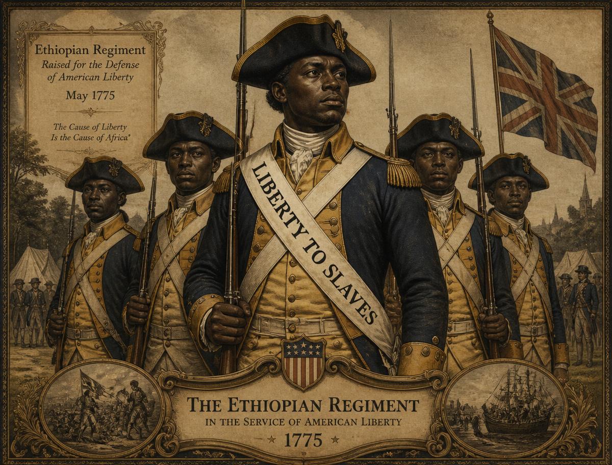 Historical illustration of the Ethiopian Regiment, Black soldiers wearing a sash reading Liberty to Slaves, 1775