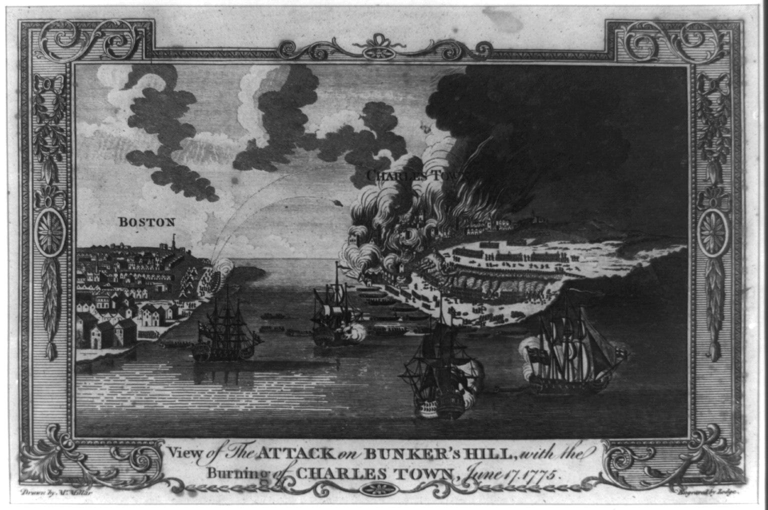 Eighteenth-century print showing British warships firing on Charlestown, Massachusetts, and troops landing during the attack on Bunker's Hill, June 17, 1775