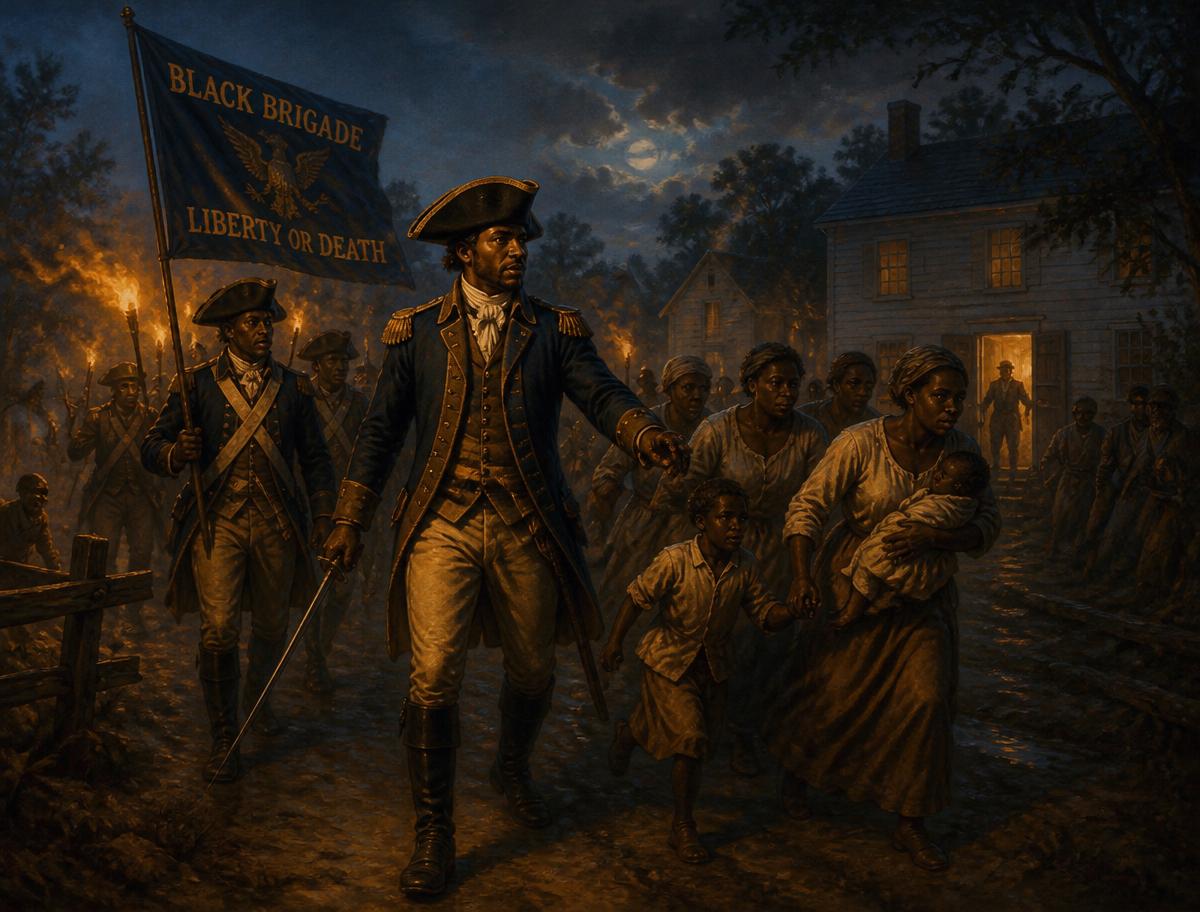 Historical illustration of Colonel Tye and the Black Brigade liberating enslaved people in New Jersey during the American Revolution