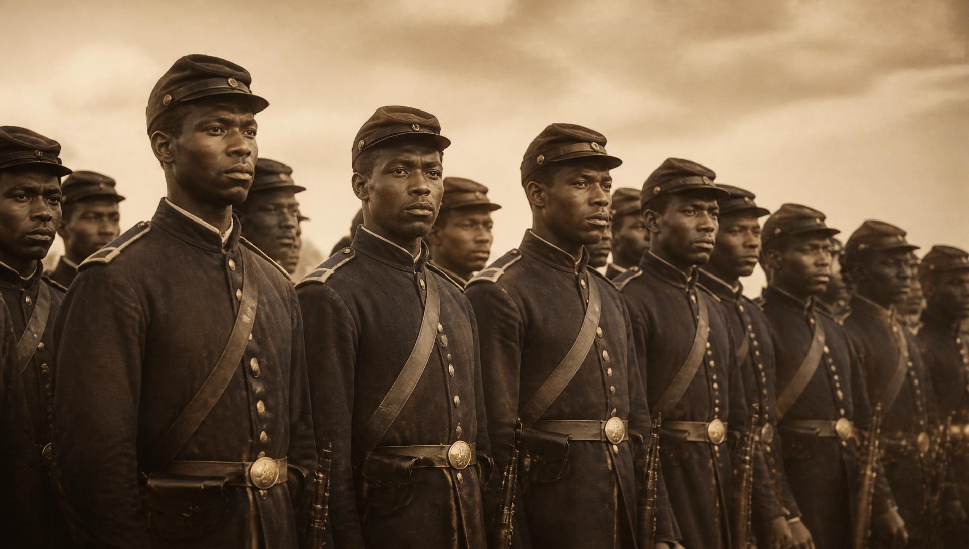 United States Colored Troops standing in formation, sepia-toned archival photograph