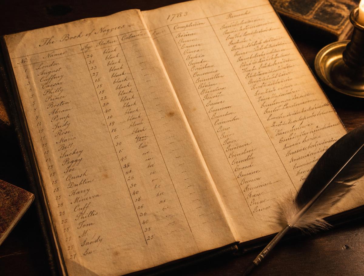 Aged handwritten ledger resembling the 1783 Book of Negroes with a quill pen
