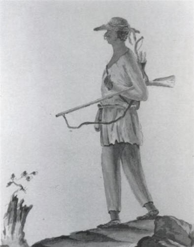 1778 pen-and-ink drawing by Hessian officer Johann von Ewald of a Stockbridge Militia soldier in a long shirt and straw hat, carrying a musket
