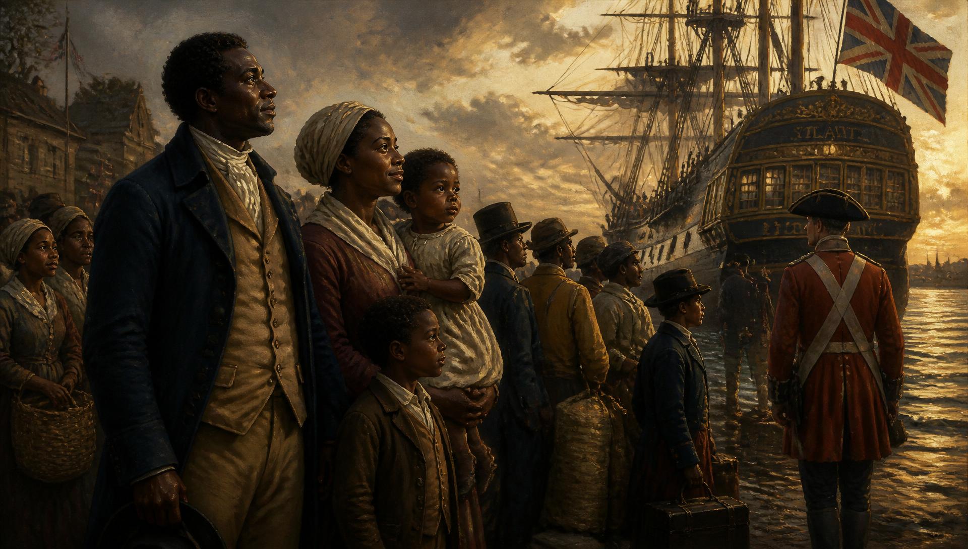 Painting of Black Loyalist families gathering at a harbor beside a British ship during the American Revolution