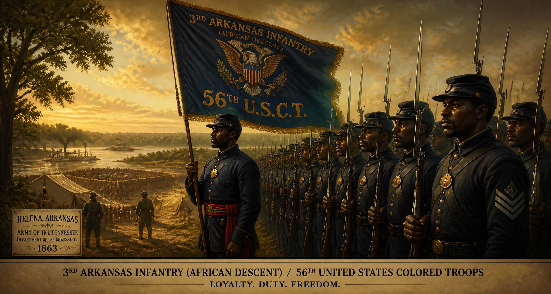 Historical illustration of African American Union soldiers of the 3rd Arkansas Infantry (African Descent) / 56th United States Colored Troops standing in formation at Helena, Arkansas, in 1863