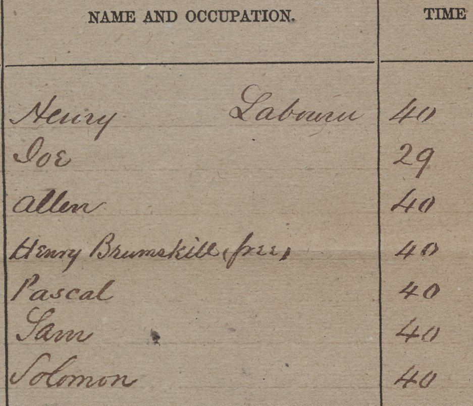 Detail of a handwritten Confederate slave payroll listing names of laborers employed on the Richmond defenses.