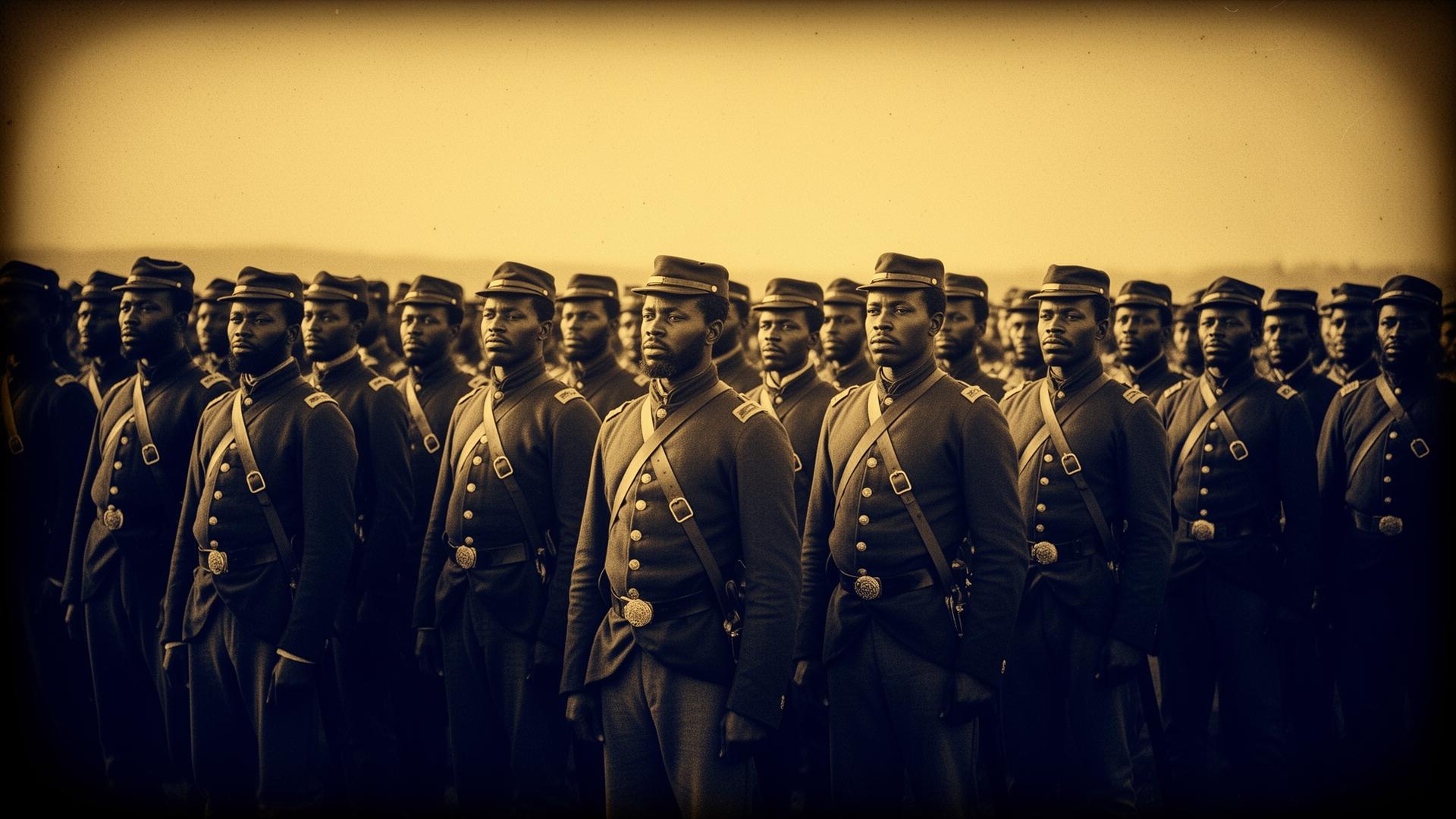 United States Colored Troops standing in formation, sepia-toned archival photograph