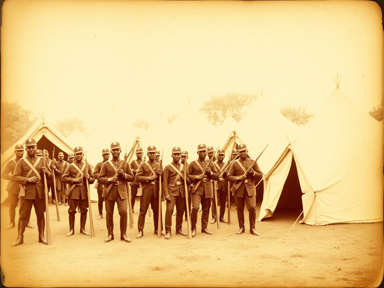 Sepia photograph of soldiers of the 54th Massachusetts Volunteer Infantry standing in formation outside camp tents.