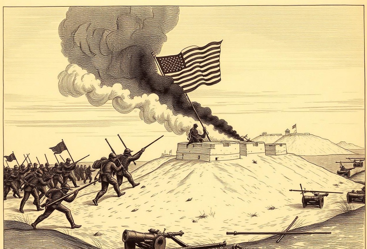Period engraving of the July 18, 1863 assault on Fort Wagner, with Union soldiers charging a sand earthwork under the United States flag.