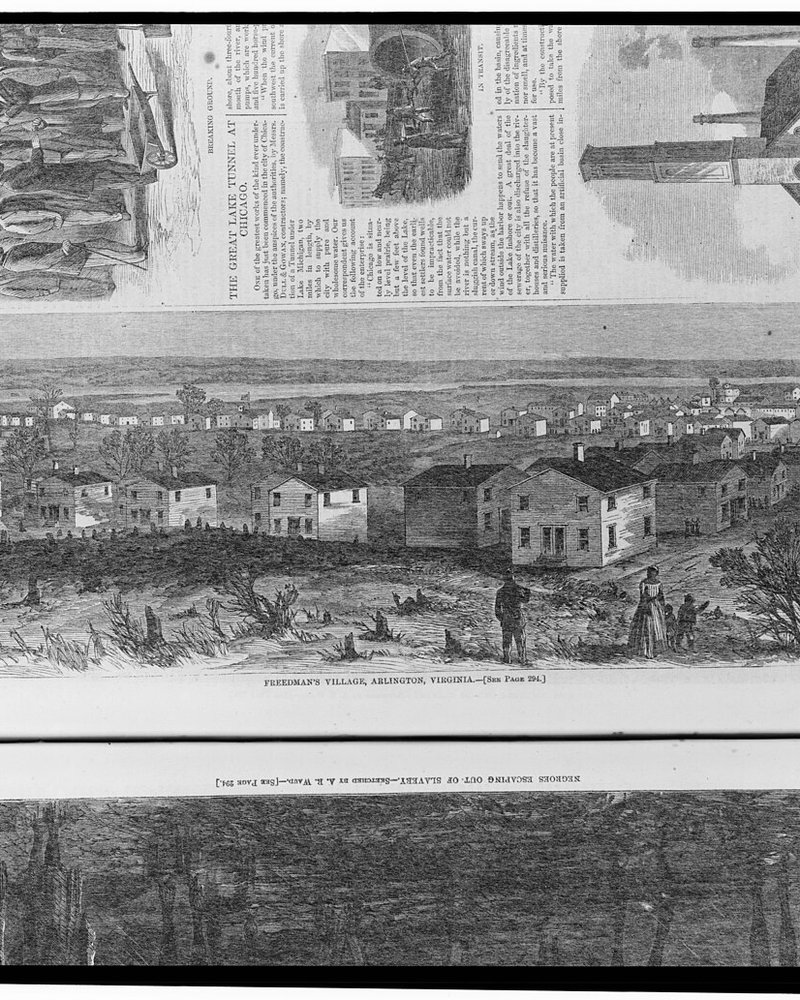 Period illustration of Freedman's Village in Arlington, Virginia, where formerly enslaved families lived and worked during the Civil War.
