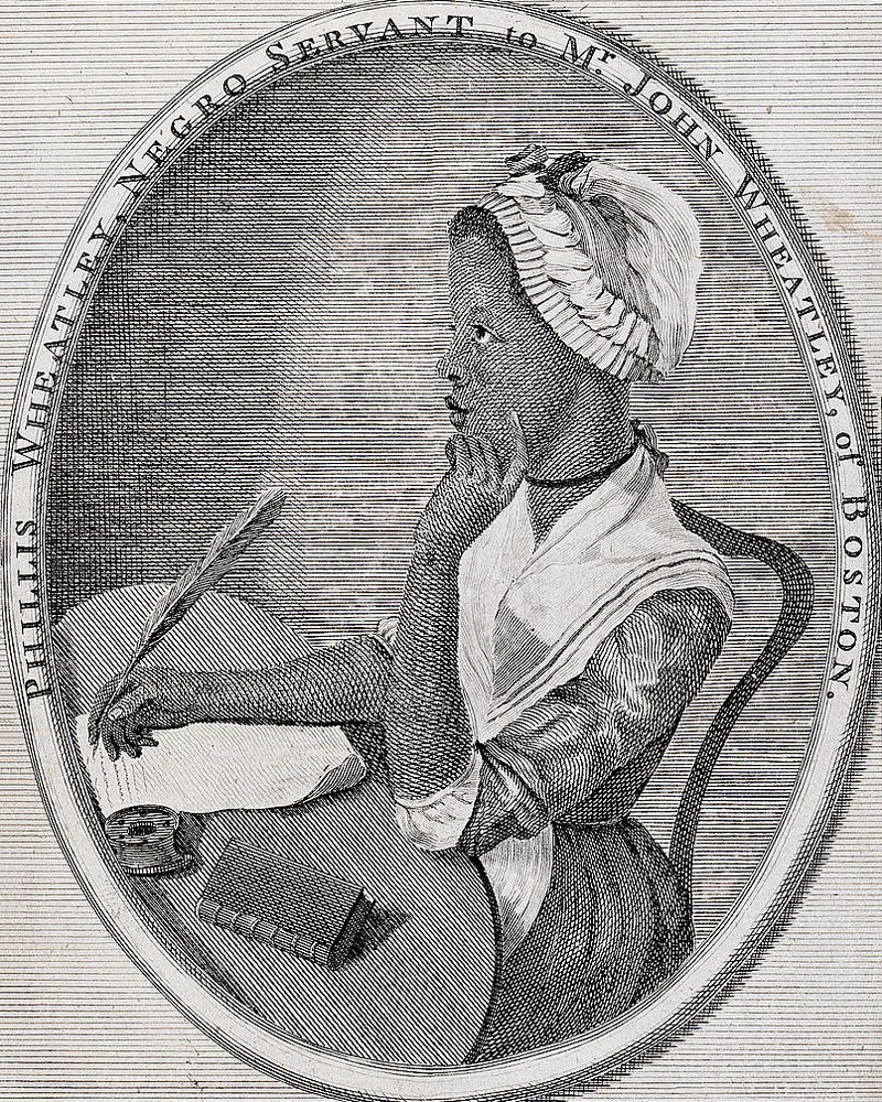Engraved frontispiece portrait of Phillis Wheatley seated at a writing desk with quill in hand, published 1773.
